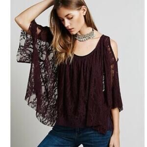 Free People Lost In Austin Purple Sheer Lace Cold Shoulder Blouse Size XS